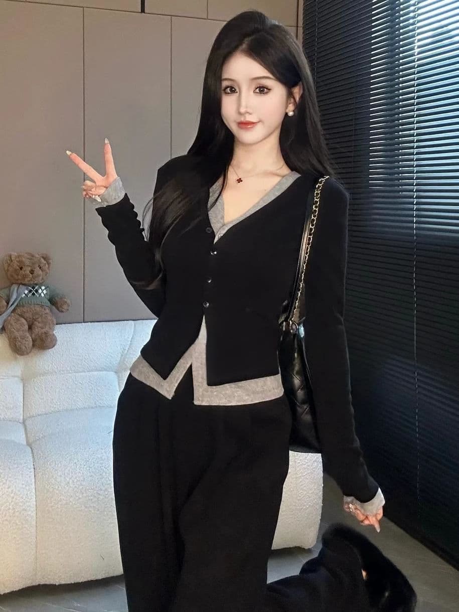 패션 페이크 레이어드 캐주얼 세트 여성 봄 가을 새로운 슬림해 보이는 빅 사이즈 와이드 레그 팬츠 투피스 세트 지방 mm 240 kg 이미지 3