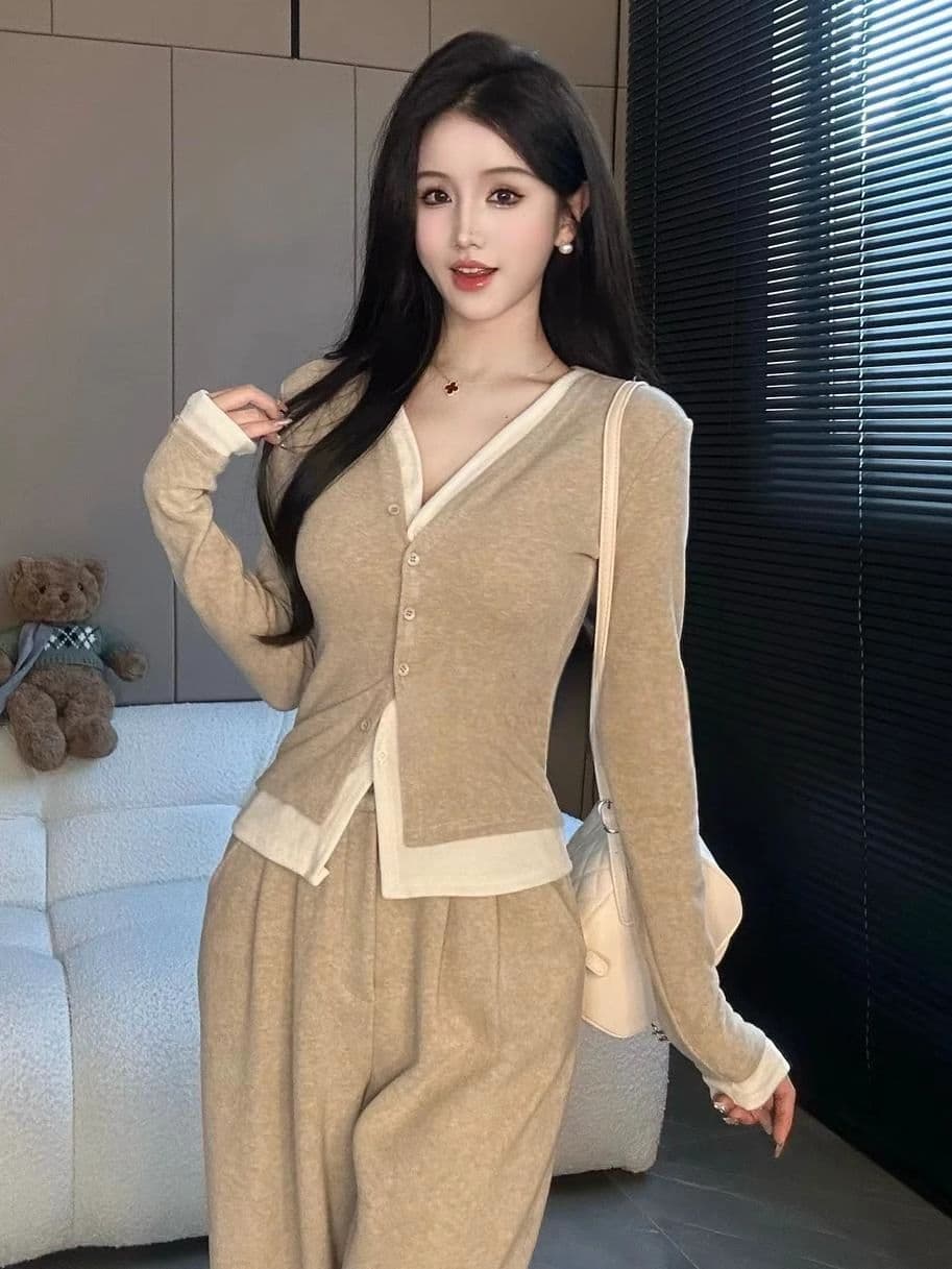패션 페이크 레이어드 캐주얼 세트 여성 봄 가을 새로운 슬림해 보이는 빅 사이즈 와이드 레그 팬츠 투피스 세트 지방 mm 240 kg 상세 이미지 2