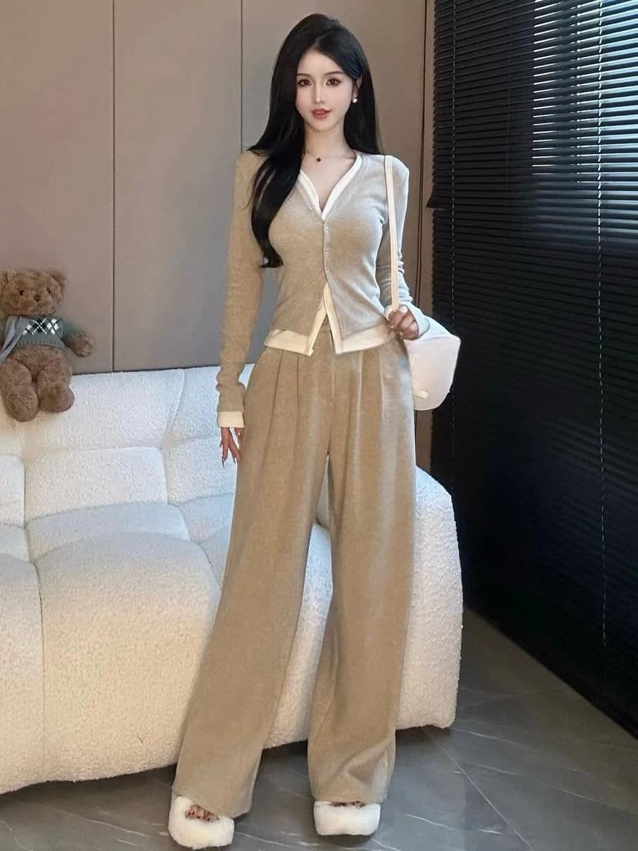 패션 페이크 레이어드 캐주얼 세트 여성 봄 가을 새로운 슬림해 보이는 빅 사이즈 와이드 레그 팬츠 투피스 세트 지방 mm 240 kg 상세 이미지 3