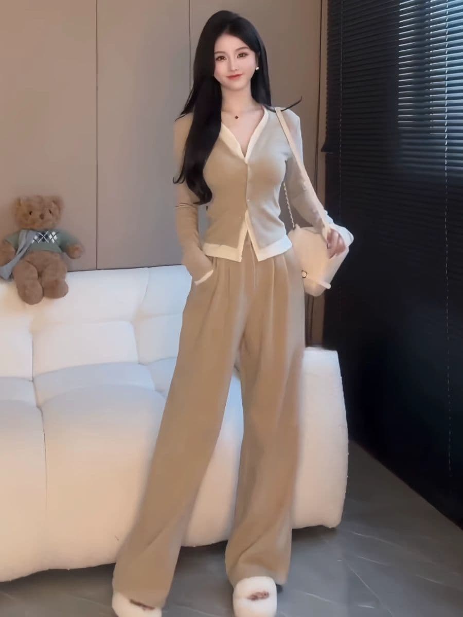 패션 페이크 레이어드 캐주얼 세트 여성 봄 가을 새로운 슬림해 보이는 빅 사이즈 와이드 레그 팬츠 투피스 세트 지방 mm 240 kg 상세 이미지 4