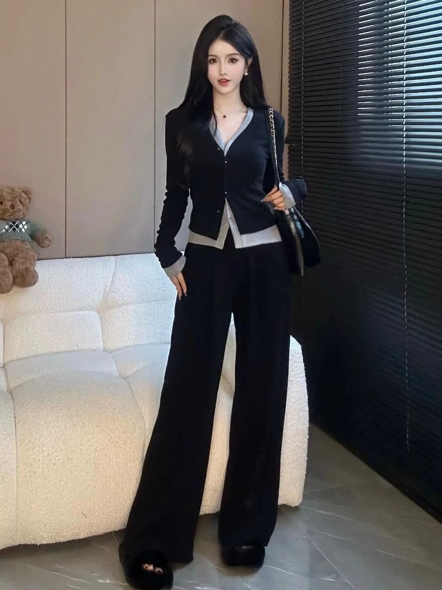 패션 페이크 레이어드 캐주얼 세트 여성 봄 가을 새로운 슬림해 보이는 빅 사이즈 와이드 레그 팬츠 투피스 세트 지방 mm 240 kg 상세 이미지 6