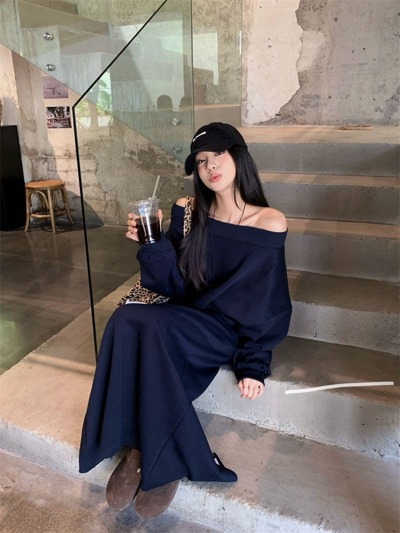 순수한 Mianhua 면 복합 310 크 캐주얼 후드티 세트 오프숄더 후드티 슬림해 보이는 반신 스커트 패션 투피스 세트 상세 이미지 14