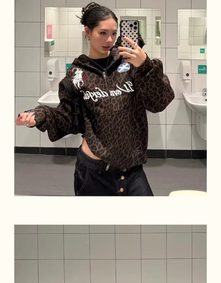 조수 브랜드 후드 티 스웨터 여성 봄 가을 레트로 레오파드 무늬 커플 다용도 높은 품질 후아 면 복잡한 우유 실크 상세 이미지 5
