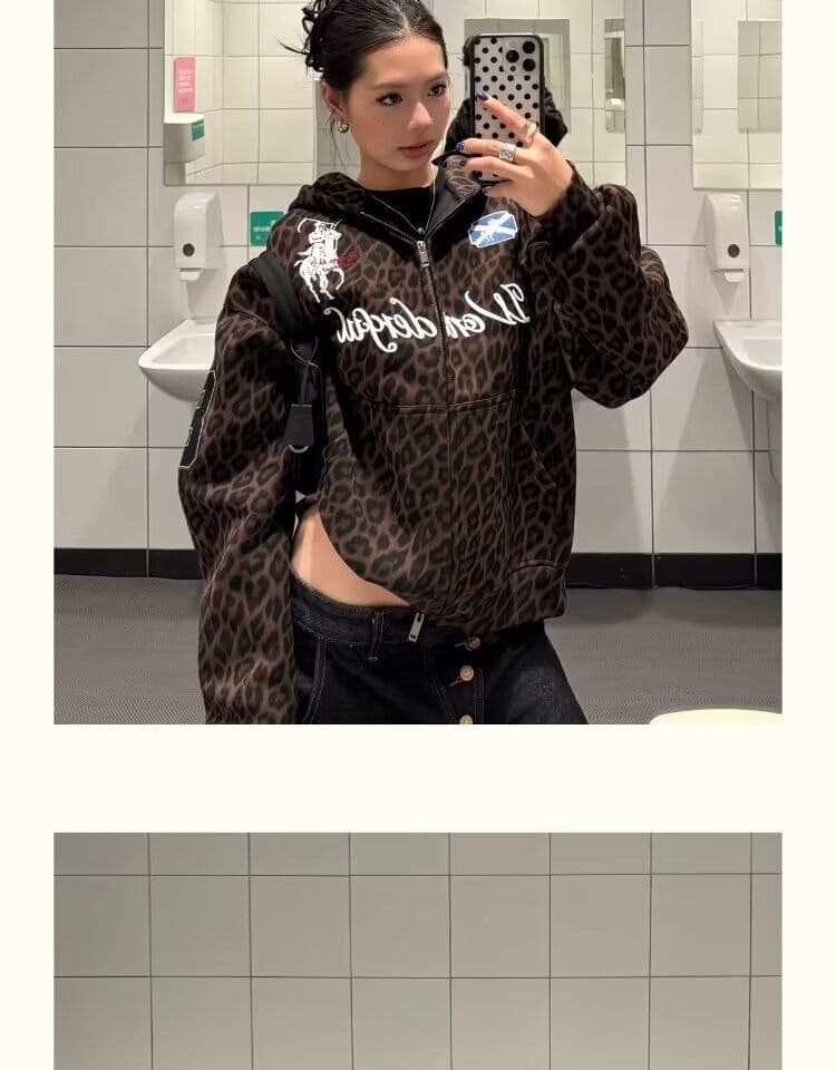 조수 브랜드 후드 티 스웨터 여성 봄 가을 레트로 레오파드 무늬 커플 다용도 높은 품질 후아 면 복잡한 우유 실크 상세 이미지 7