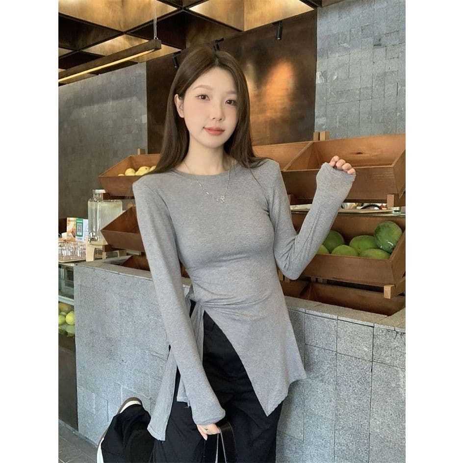 모달 사람들 면 화이트 티셔츠 여성 가을 표지 고기 슬림해 보이는 긍정적 인 어깨 동정 트임 불규칙 맨위 이미지 3