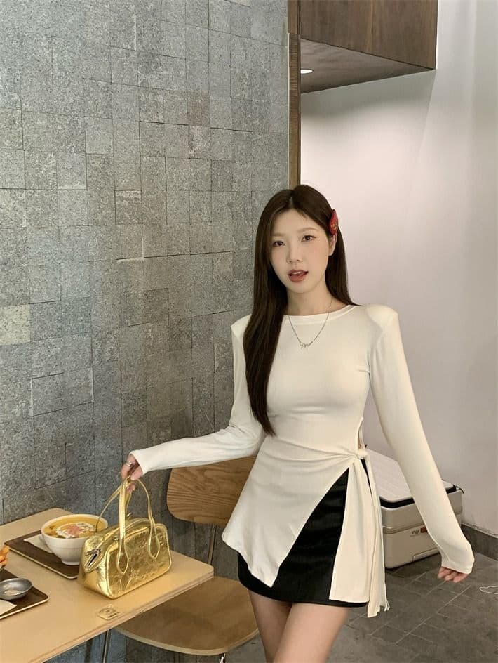 모달 사람들 면 화이트 티셔츠 여성 가을 표지 고기 슬림해 보이는 긍정적 인 어깨 동정 트임 불규칙 맨위 상세 이미지 14