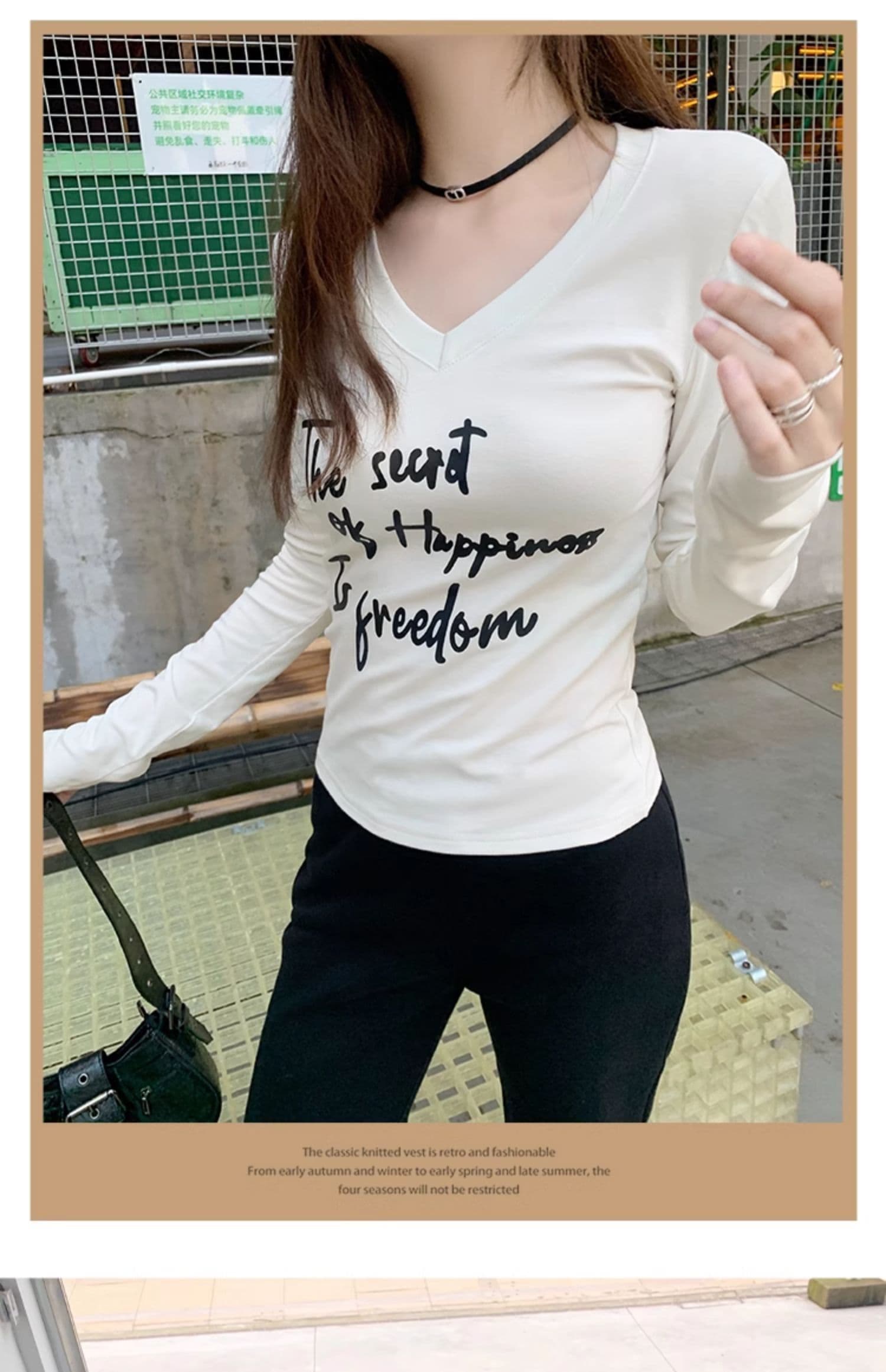 모달 사람들 면 아메리칸 순수한 욕망 알파벳 긍정적 인 어깨 V넥 티셔츠 여성 이른 가을 달콤한 핫걸 몸매 가꾸기 기본 셔츠 상세 이미지 2