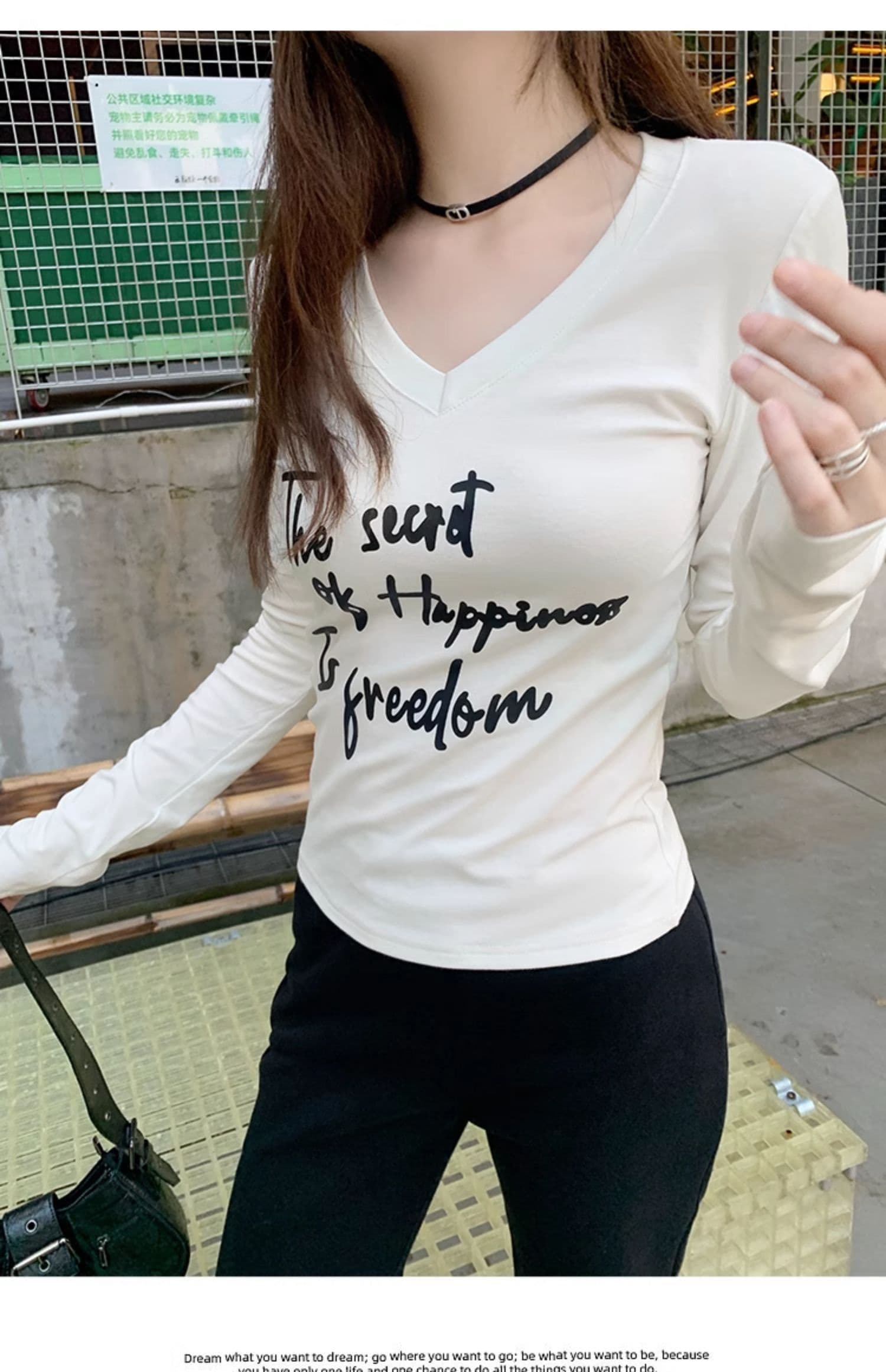 모달 사람들 면 아메리칸 순수한 욕망 알파벳 긍정적 인 어깨 V넥 티셔츠 여성 이른 가을 달콤한 핫걸 몸매 가꾸기 기본 셔츠 상세 이미지 13