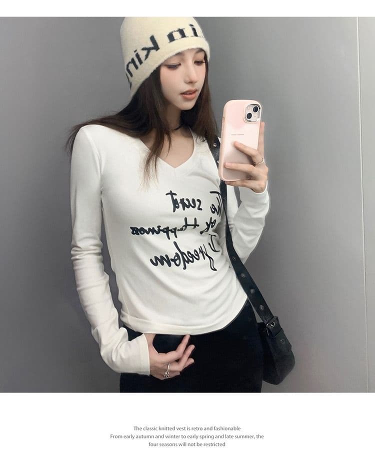 모달 사람들 면 아메리칸 순수한 욕망 알파벳 긍정적 인 어깨 V넥 티셔츠 여성 이른 가을 달콤한 핫걸 몸매 가꾸기 기본 셔츠 상세 이미지 20