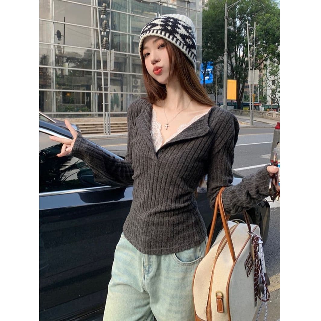 사람들 면 구덩이 기사 연삭 털 레이스 조각 폴로 칼라 긴팔 맨위 오픈 가디건 여성 가을 겨울 몸매 가꾸기 슬림해 보이는 맨위 이미지 3