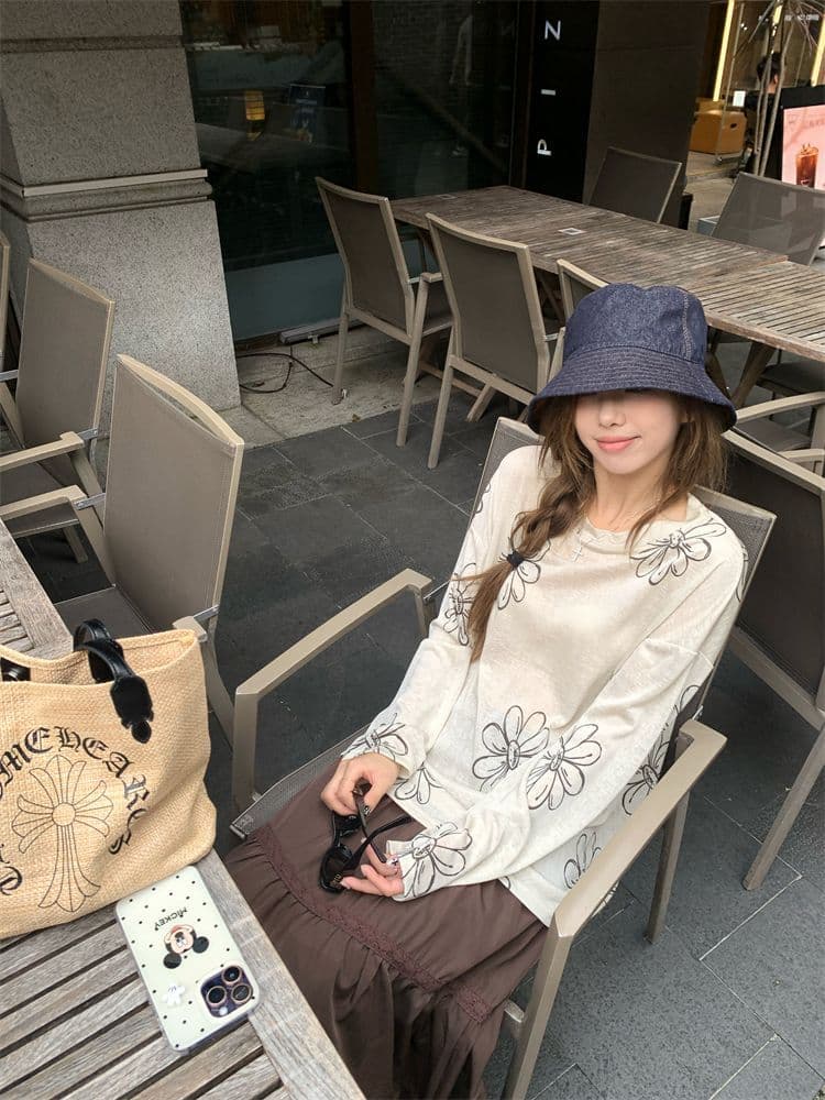 눈꽃 면 디자인 센스 달콤함 프린트 긴팔 티셔츠 여성 여름 캐주얼 루즈핏 작은 대중 슬림해 보이는 맨위 상세 이미지 3
