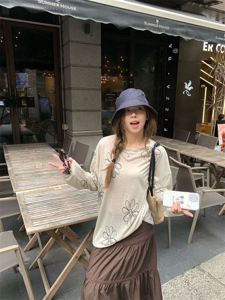 눈꽃 면 디자인 센스 달콤함 프린트 긴팔 티셔츠 여성 여름 캐주얼 루즈핏 작은 대중 슬림해 보이는 맨위 상세 이미지 6