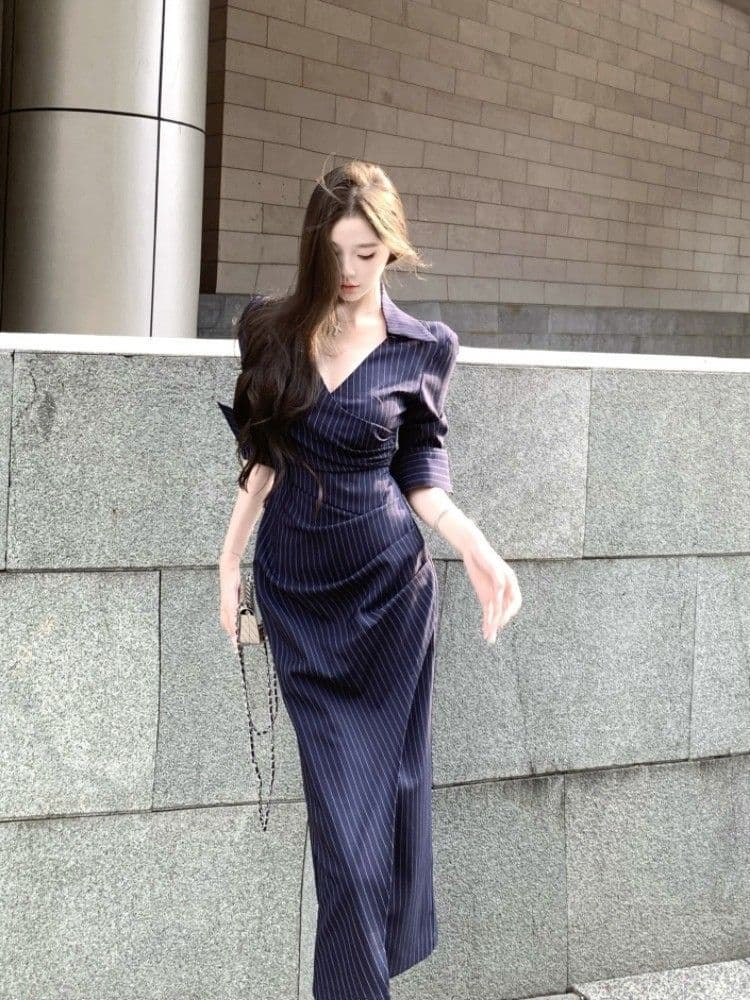 프랑스식 스트라이프 V넥 긴팔 셔츠 여성 드레스 가을 고급 섹시함 품격 허리 수축 슬림해 보이는 타이트 스커트 치마 이미지 3