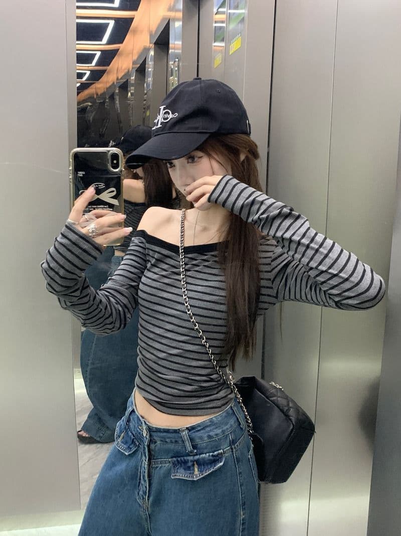 기타 음악 면 비스듬한 칼라 오프숄더 작은 심장 기계 스트라이프 긴팔 티셔츠 여성 이른 가을 핫걸 몸매 가꾸기 쇼트 스타일 맨위 상세 이미지 12