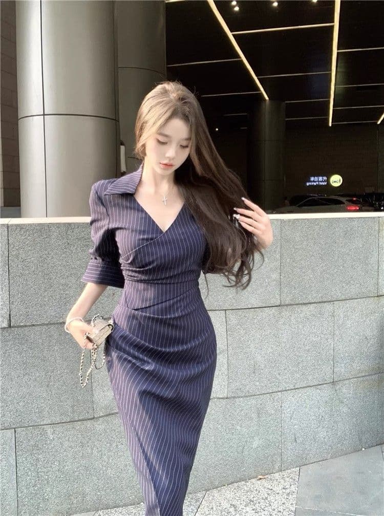 프랑스식 스트라이프 V넥 긴팔 셔츠 여성 드레스 가을 고급 섹시함 품격 허리 수축 슬림해 보이는 타이트 스커트 치마 상세 이미지 7