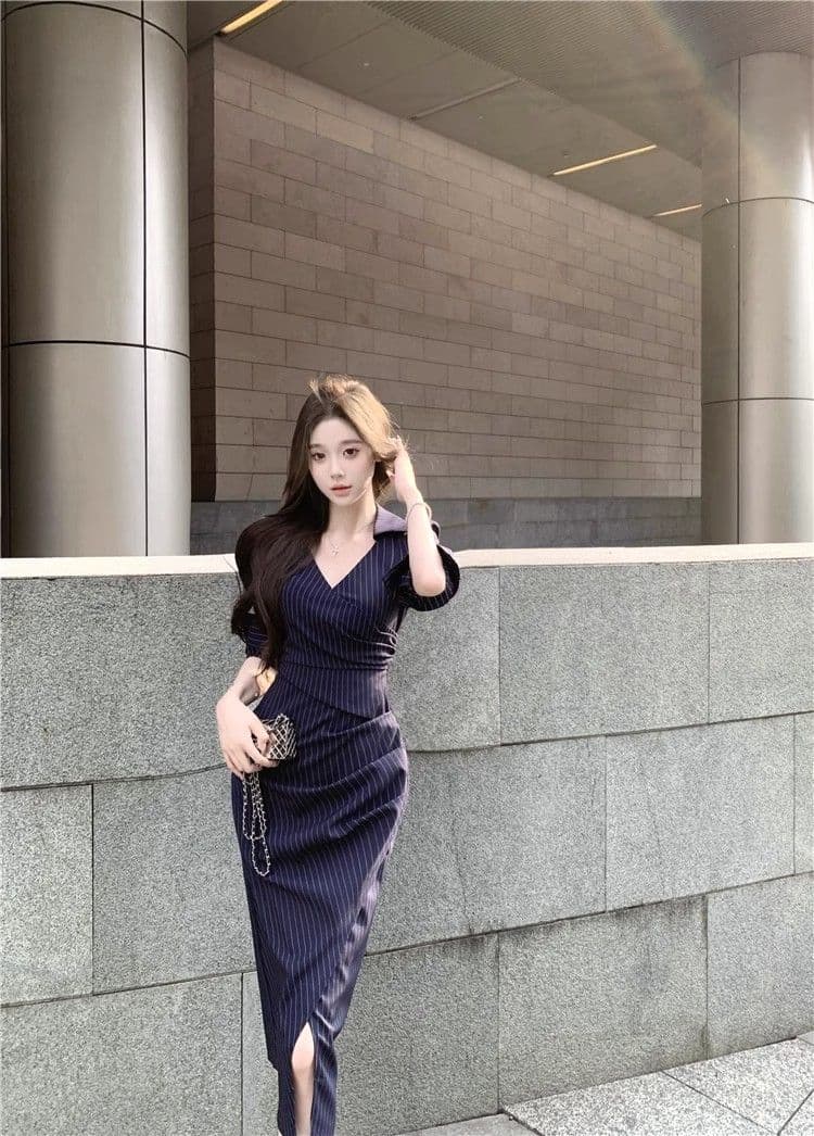 프랑스식 스트라이프 V넥 긴팔 셔츠 여성 드레스 가을 고급 섹시함 품격 허리 수축 슬림해 보이는 타이트 스커트 치마 상세 이미지 12