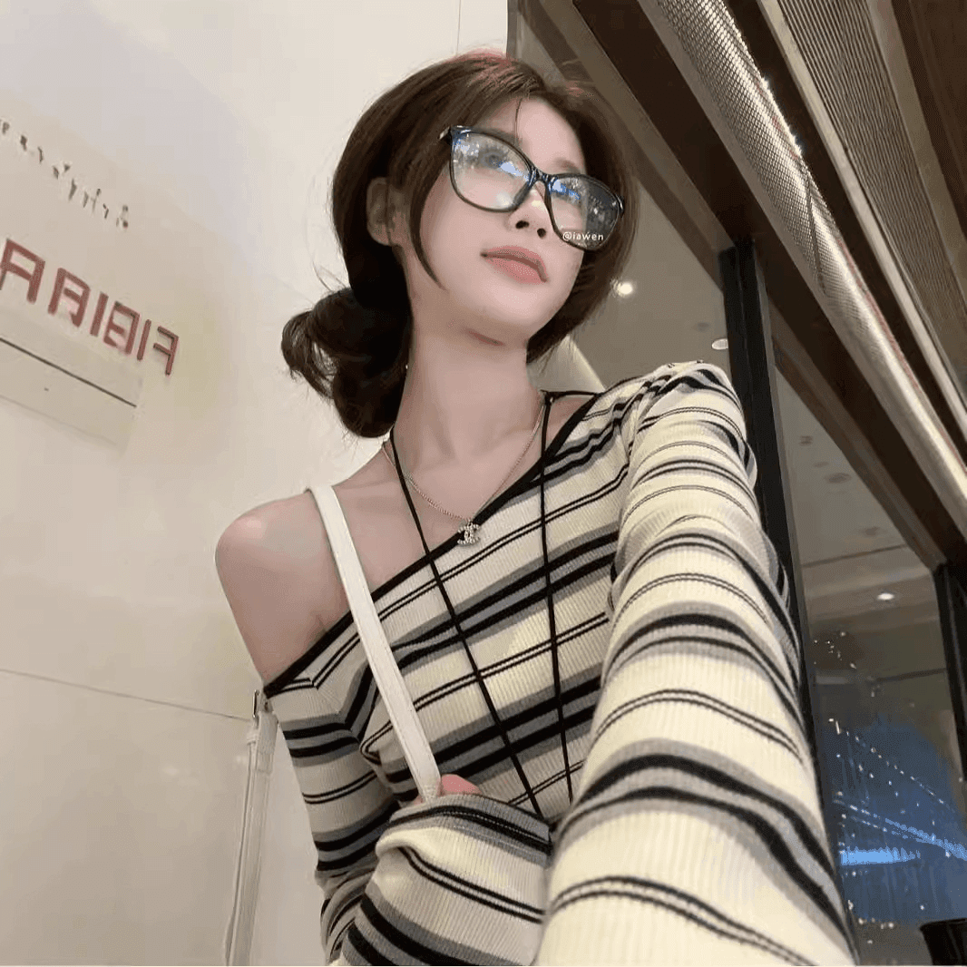 원본 컬러 짜임 기사 한 부서 느긋한 비스듬한 어깨 스트라이프 기본 셔츠 몸매 가꾸기 오프숄더 긴팔 만나는 쇼트 스타일 맨위 상세 이미지 1