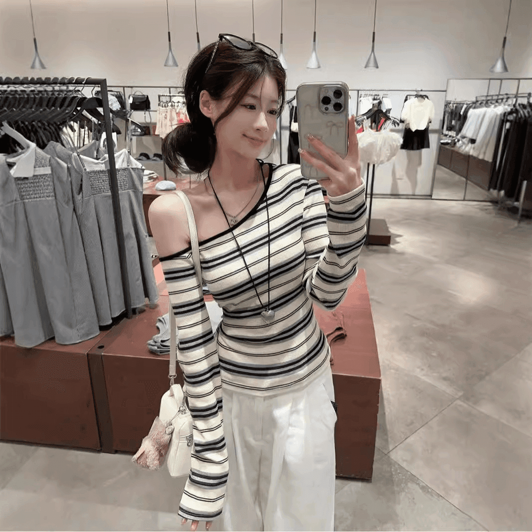 원본 컬러 짜임 기사 한 부서 느긋한 비스듬한 어깨 스트라이프 기본 셔츠 몸매 가꾸기 오프숄더 긴팔 만나는 쇼트 스타일 맨위 상세 이미지 2