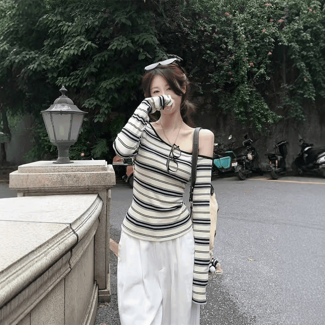 원본 컬러 짜임 기사 한 부서 느긋한 비스듬한 어깨 스트라이프 기본 셔츠 몸매 가꾸기 오프숄더 긴팔 만나는 쇼트 스타일 맨위 상세 이미지 3