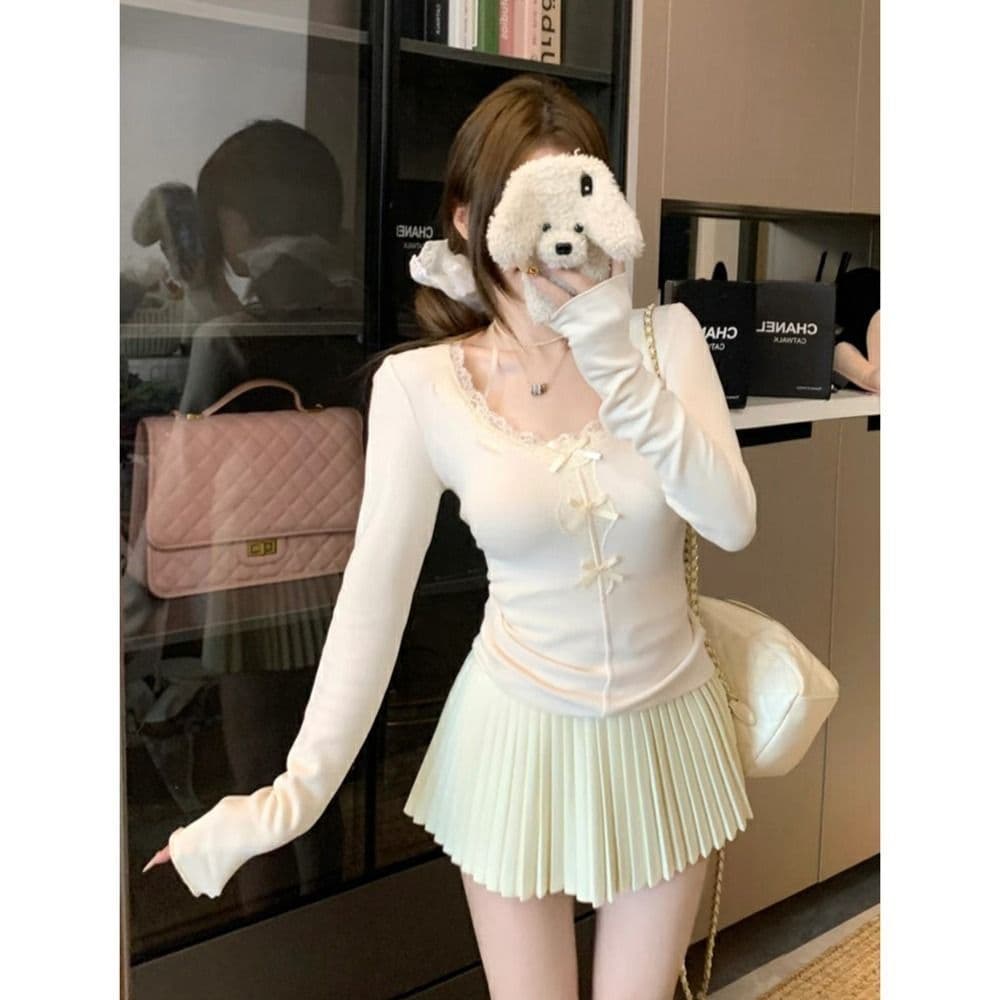 리브 De 플러시 달콤함 나비 매듭 레이스 조각 u 칼라 긴팔 티셔츠 몸매 가꾸기 슬림해 보이는 만나는 맨위 여성 이미지 3