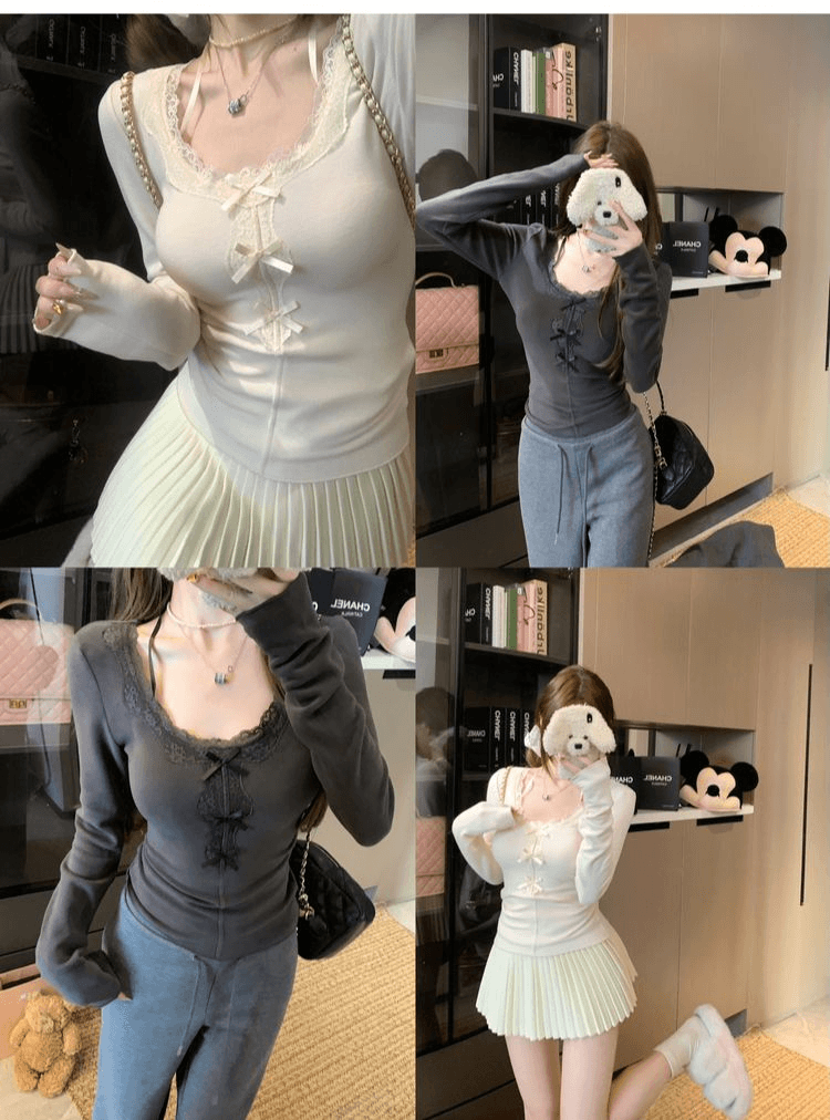 리브 De 플러시 달콤함 나비 매듭 레이스 조각 u 칼라 긴팔 티셔츠 몸매 가꾸기 슬림해 보이는 만나는 맨위 여성 상세 이미지 2