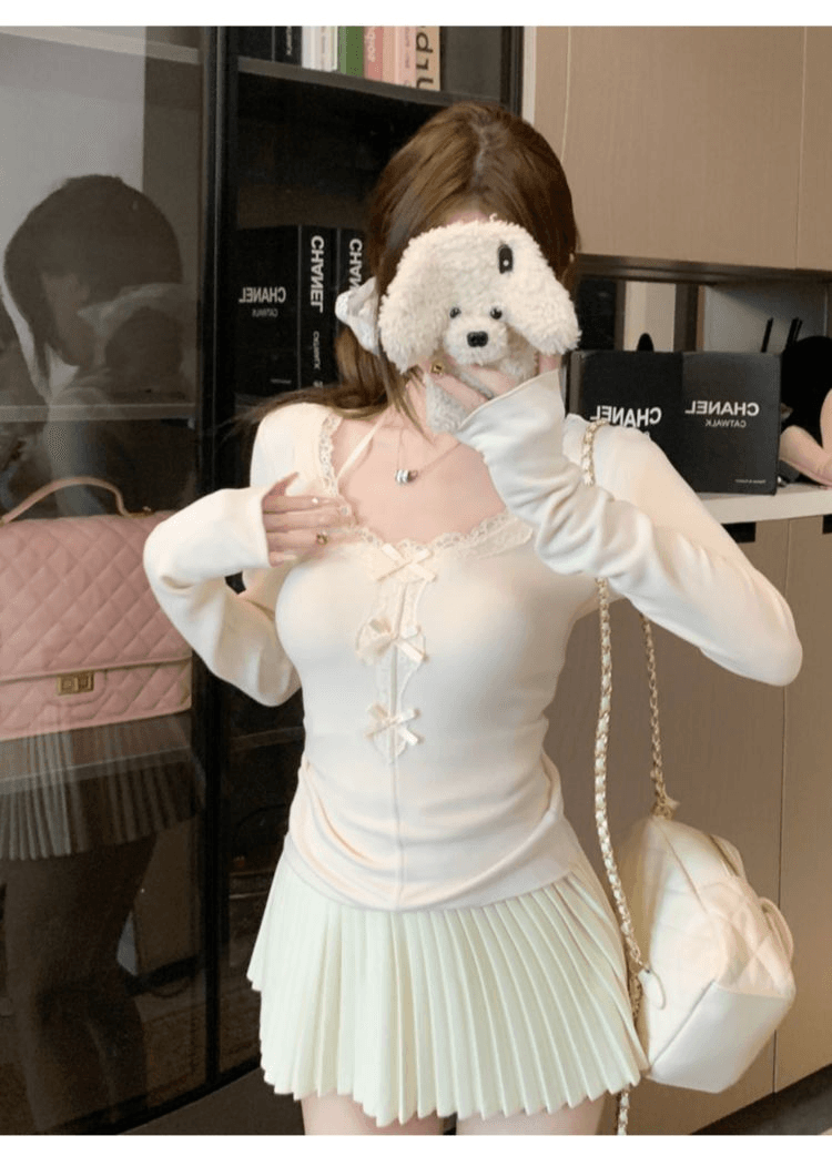 리브 De 플러시 달콤함 나비 매듭 레이스 조각 u 칼라 긴팔 티셔츠 몸매 가꾸기 슬림해 보이는 만나는 맨위 여성 상세 이미지 7