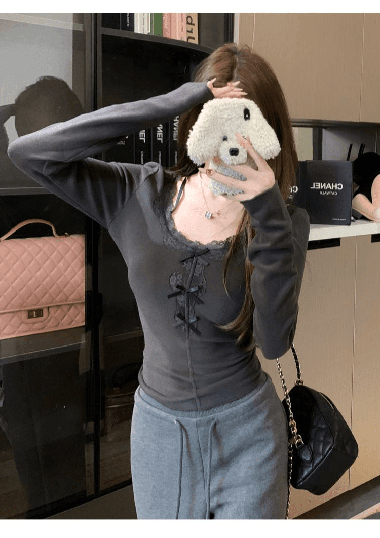 리브 De 플러시 달콤함 나비 매듭 레이스 조각 u 칼라 긴팔 티셔츠 몸매 가꾸기 슬림해 보이는 만나는 맨위 여성 상세 이미지 17
