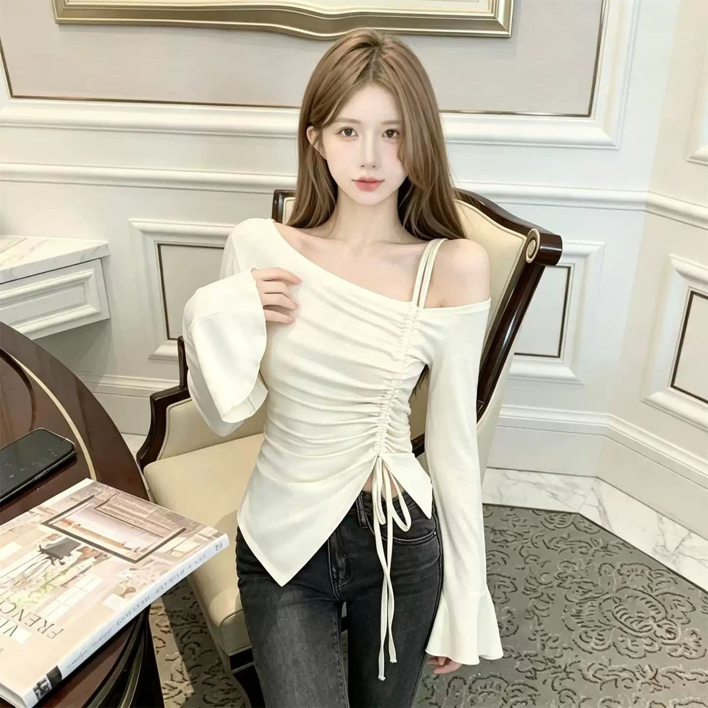 품격 섹션 오프숄더 긴 소매 티셔츠 여성 가을 불규칙 몸매 가꾸기 슬림해 보이는 기본 셔츠 달콤한 매운맛 맨위 디자인 센스 작은 대중 이미지 5