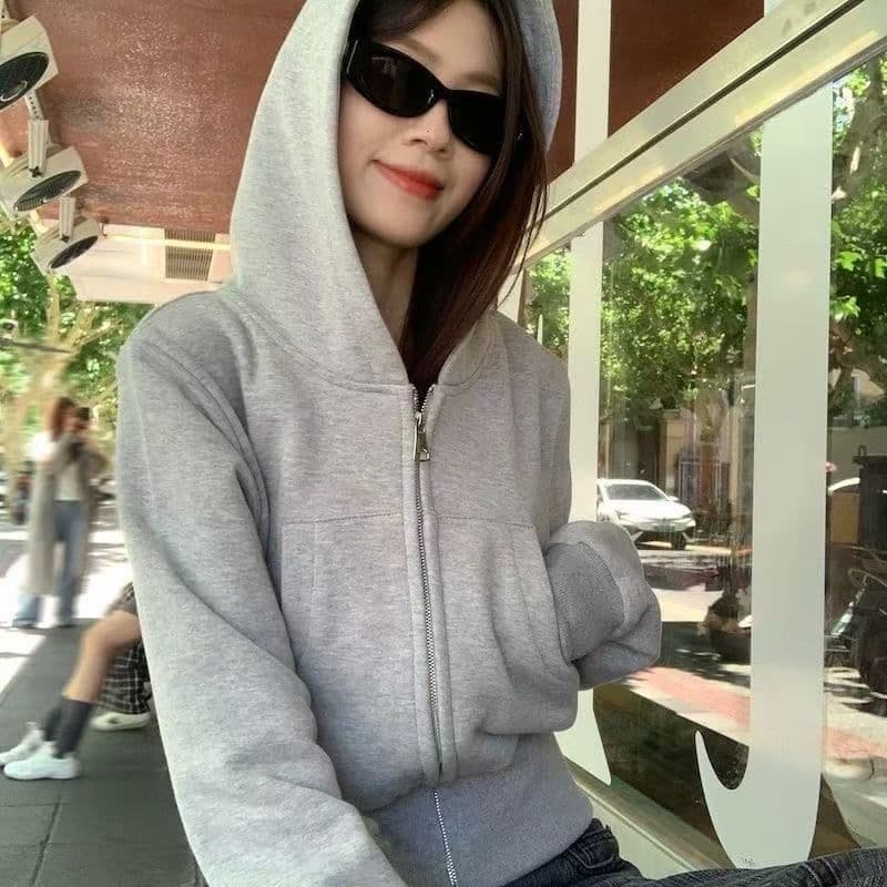 후아 면 복합 회색 쇼트 스타일 후드 털이 있고 두꺼운 후드티 여성 코트 가을 겨울 새로운 맨위 착용 가져 가라. 오픈 가디건 이미지 3