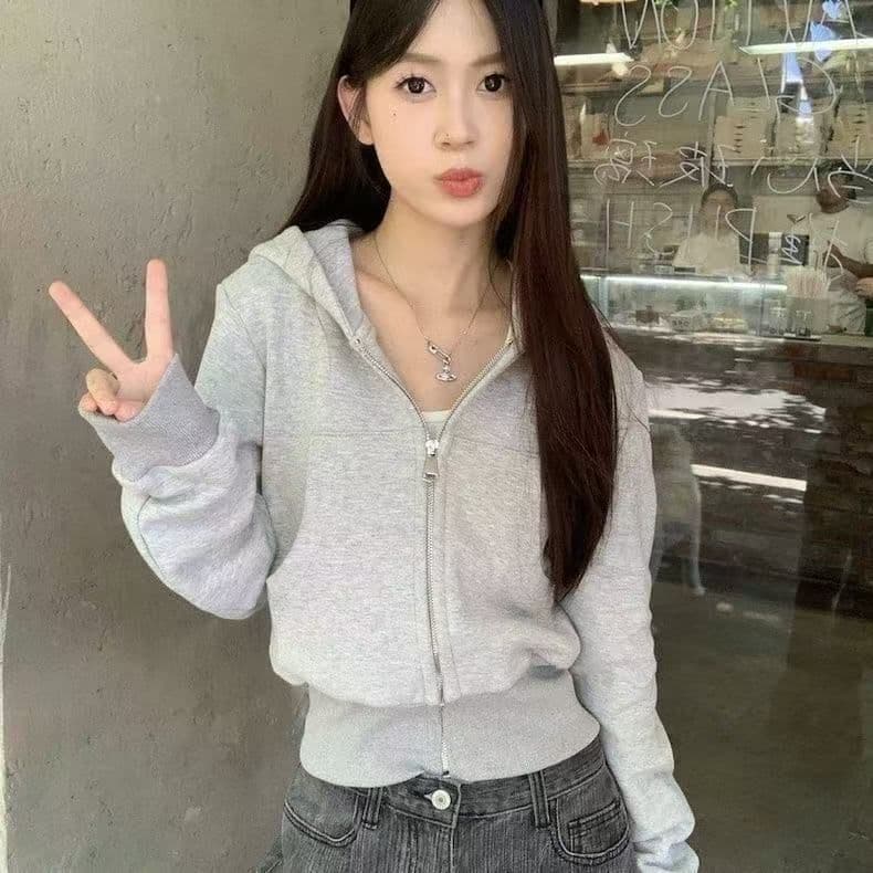후아 면 복합 회색 쇼트 스타일 후드 털이 있고 두꺼운 후드티 여성 코트 가을 겨울 새로운 맨위 착용 가져 가라. 오픈 가디건 상세 이미지 2
