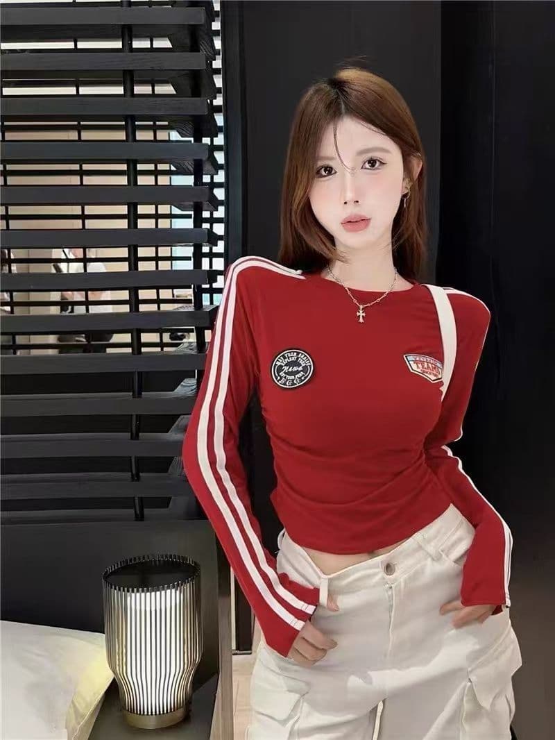 40 순면 210 흔들어서 톤 품질 아메리칸 품격 섹시함 긴팔 몸매 가꾸기 쇼트 스타일 맨위 디자인 센스 가을 이미지 4