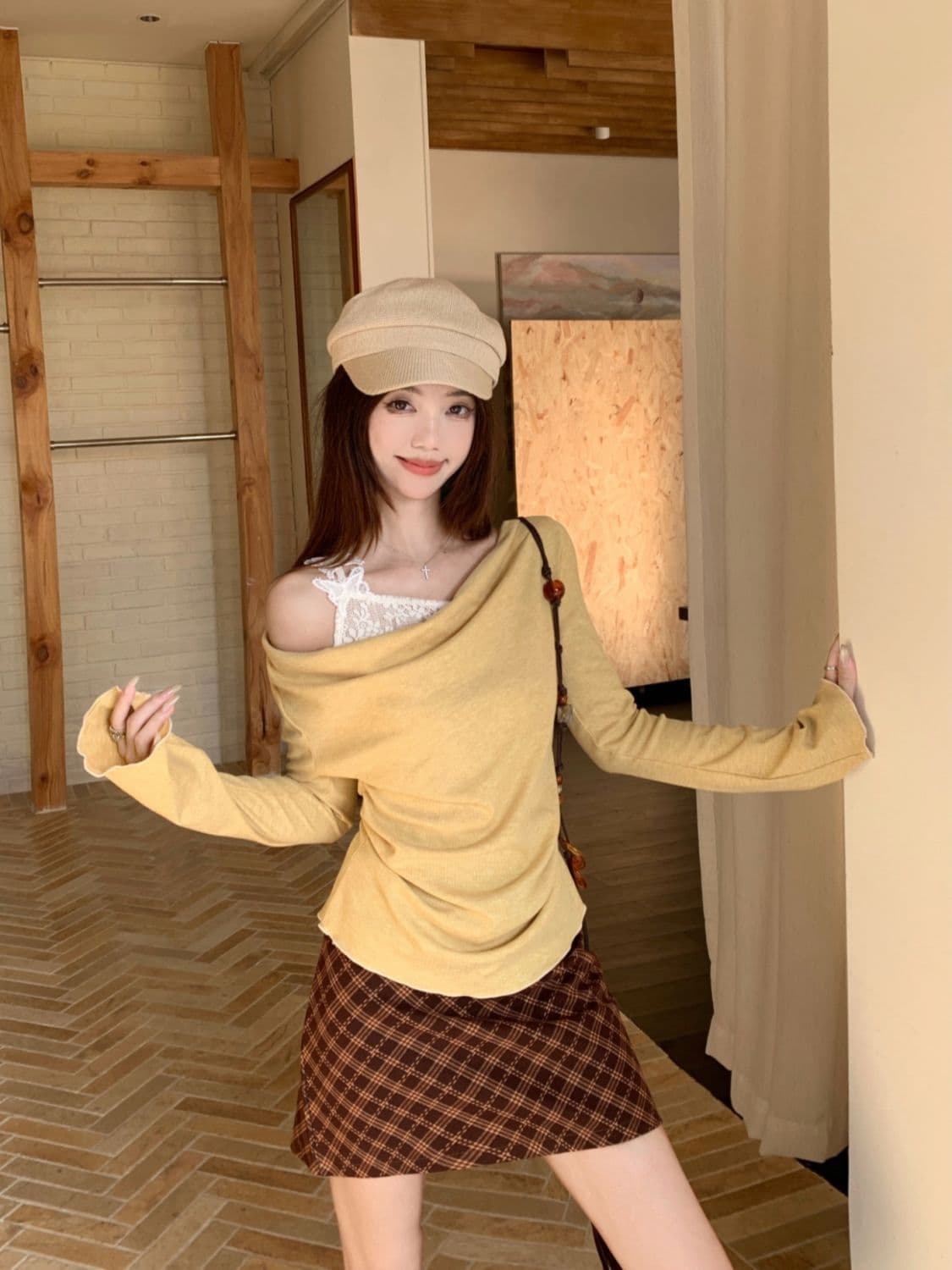 원본 레이스 나비 싸움 차가운 실크 코튼 비스듬한 어깨 디자인 흔들다 칼라 맨위 레이스 조각 만나는 페이크 레이어드 이미지 3