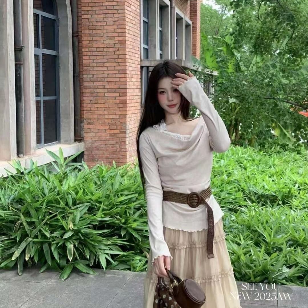 원본 레이스 나비 싸움 차가운 실크 코튼 비스듬한 어깨 디자인 흔들다 칼라 맨위 레이스 조각 만나는 페이크 레이어드 이미지 5