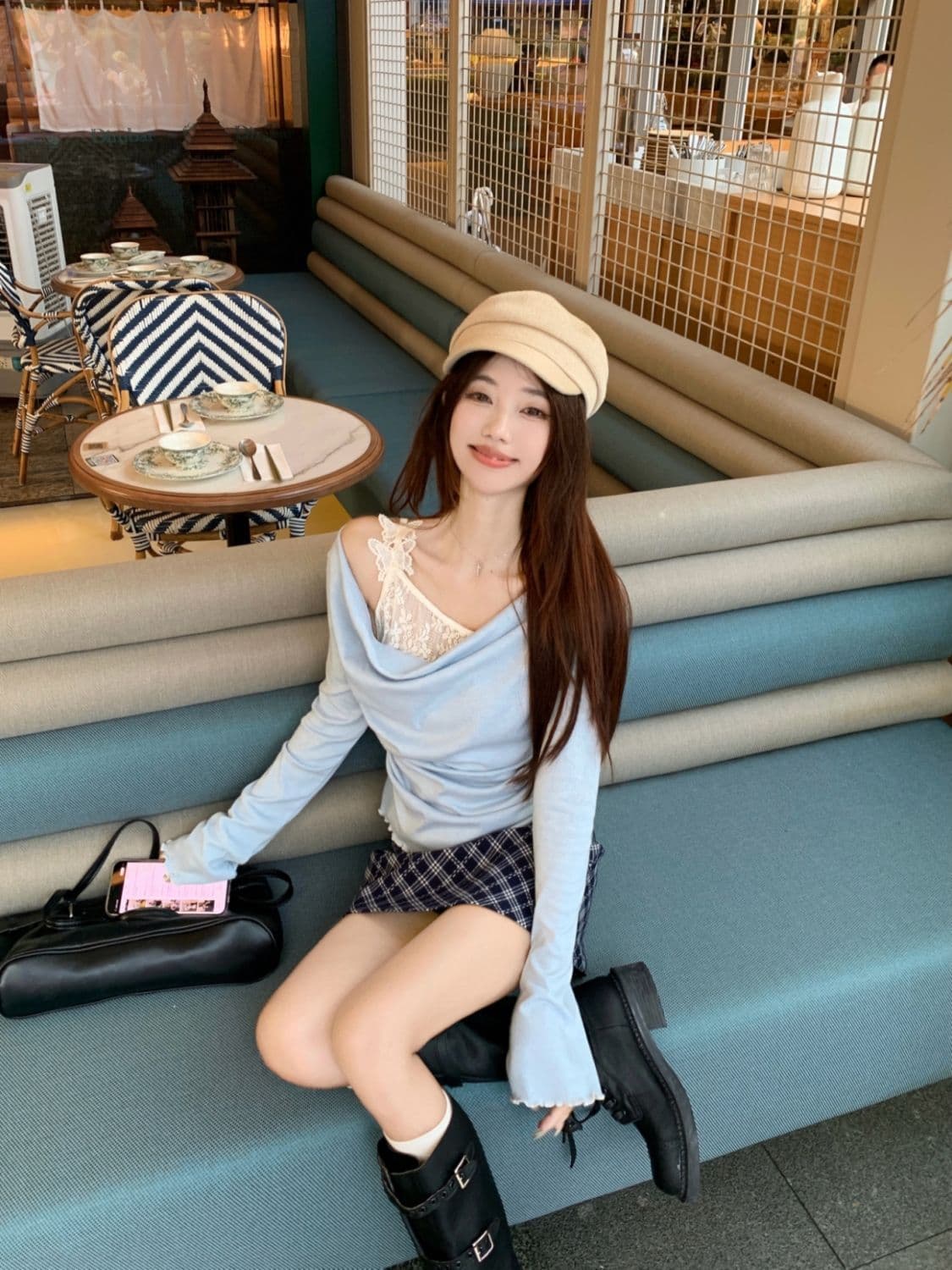 원본 레이스 나비 싸움 차가운 실크 코튼 비스듬한 어깨 디자인 흔들다 칼라 맨위 레이스 조각 만나는 페이크 레이어드 상세 이미지 3