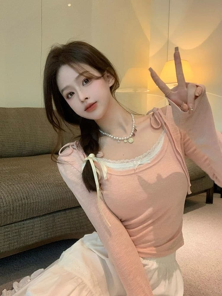 페이크 레이어드 구덩이 기사 신축성 발레 연령 감소 슬림해 보이는 맨위 여성 인사이드 가져 가라. 기본 셔츠 쇼트 스타일 긴팔 티셔츠 상세 이미지 2