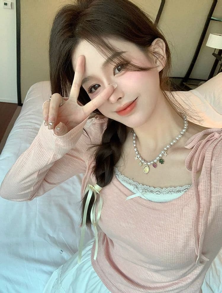 페이크 레이어드 구덩이 기사 신축성 발레 연령 감소 슬림해 보이는 맨위 여성 인사이드 가져 가라. 기본 셔츠 쇼트 스타일 긴팔 티셔츠 상세 이미지 4