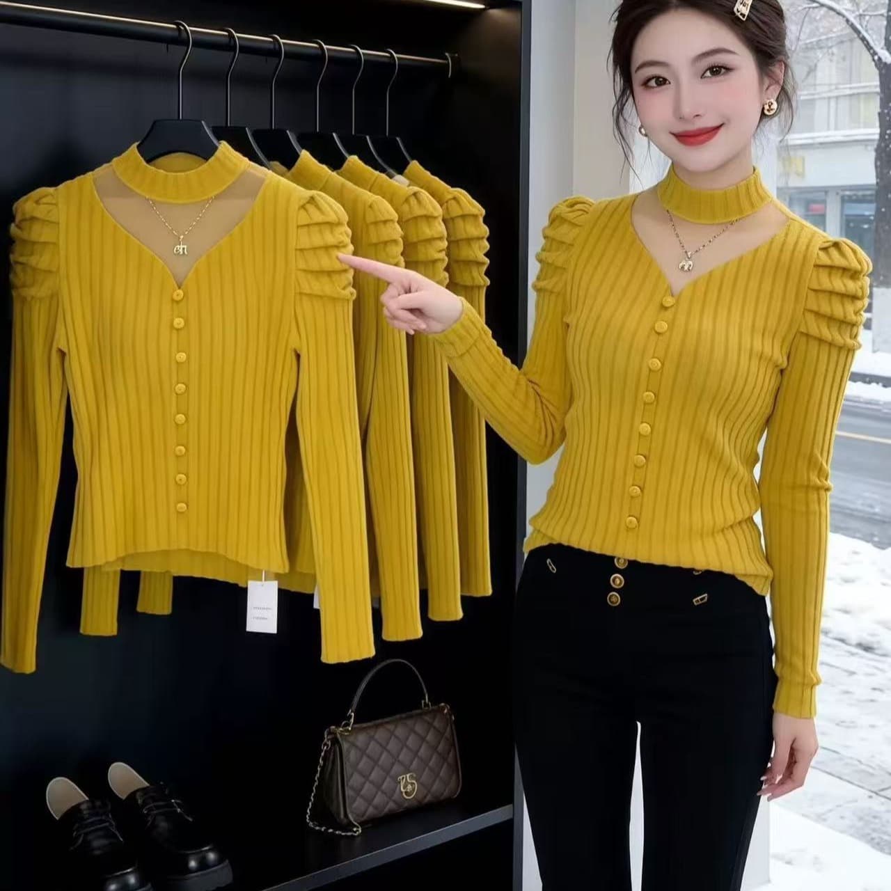 가을 겨울 구덩이 기사 연삭 털 패치워크 홀로우 아웃 망사 반하이넥 티셔츠 여성 디자인 센스 외출용 인사이드 가져 가라. 긴팔 기본 셔츠 이미지 4