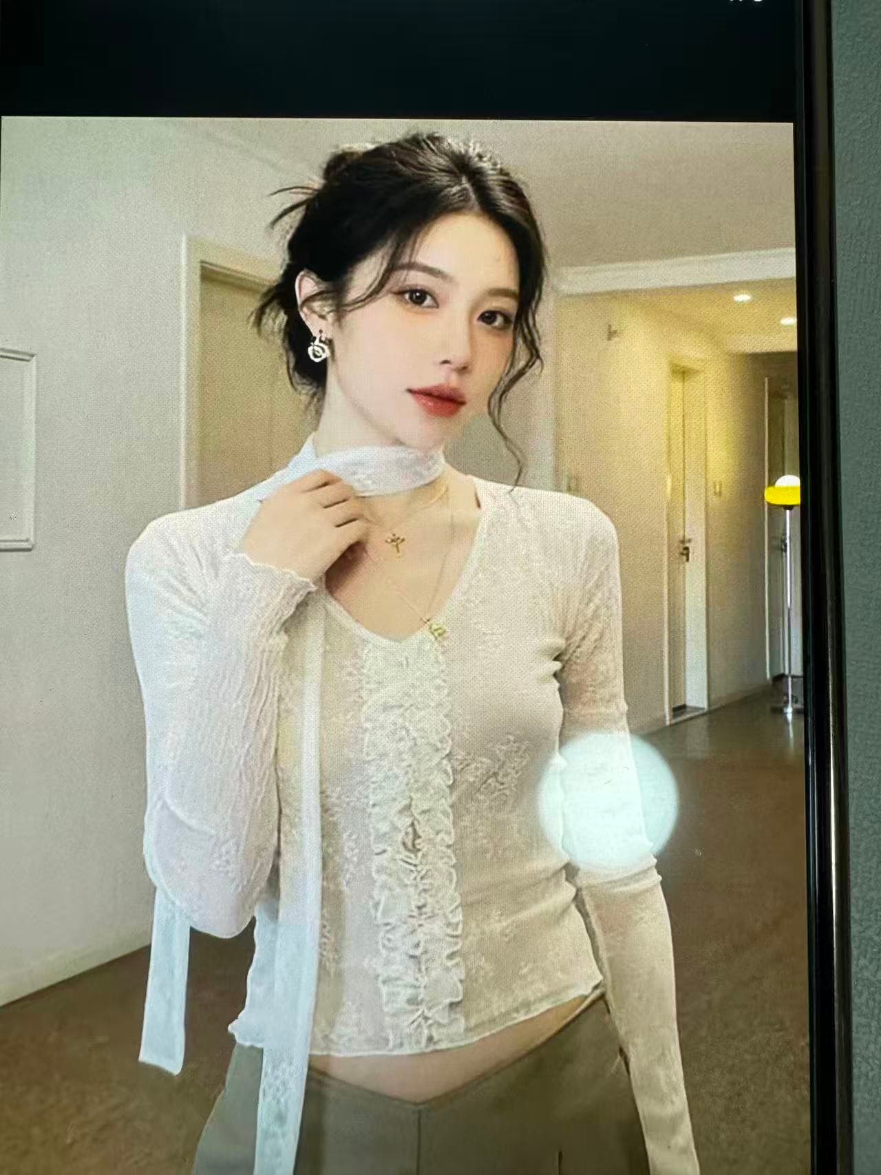 신제품 프랑스식 우유 살구 이중층 레이스 셔츠 여성 섹시함 핀치 Pleat 레이스 꼬집기 허리 똑똑한 리본 기본 셔츠 이미지 2