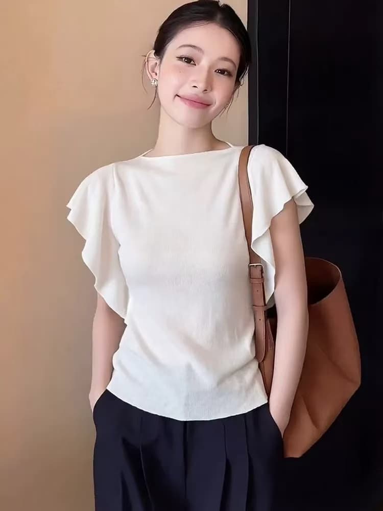 장 원자바오 필리핀 린 tee 부드러운 우아함 프릴 반팔 높은 품질 긍정적 인 어깨 라미 니트 티셔츠 2026 새로운 이미지 4
