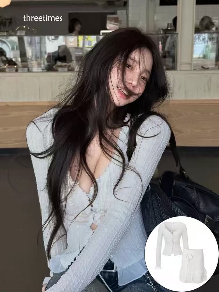 여성 셔츠 아름다운 새로운 V넥 레이스 조각 오픈 가디건 긴팔 몸매 가꾸기 슬림해 보이는 섹시함 순수한 욕망 바람 맨위 초여름 상세 이미지 5