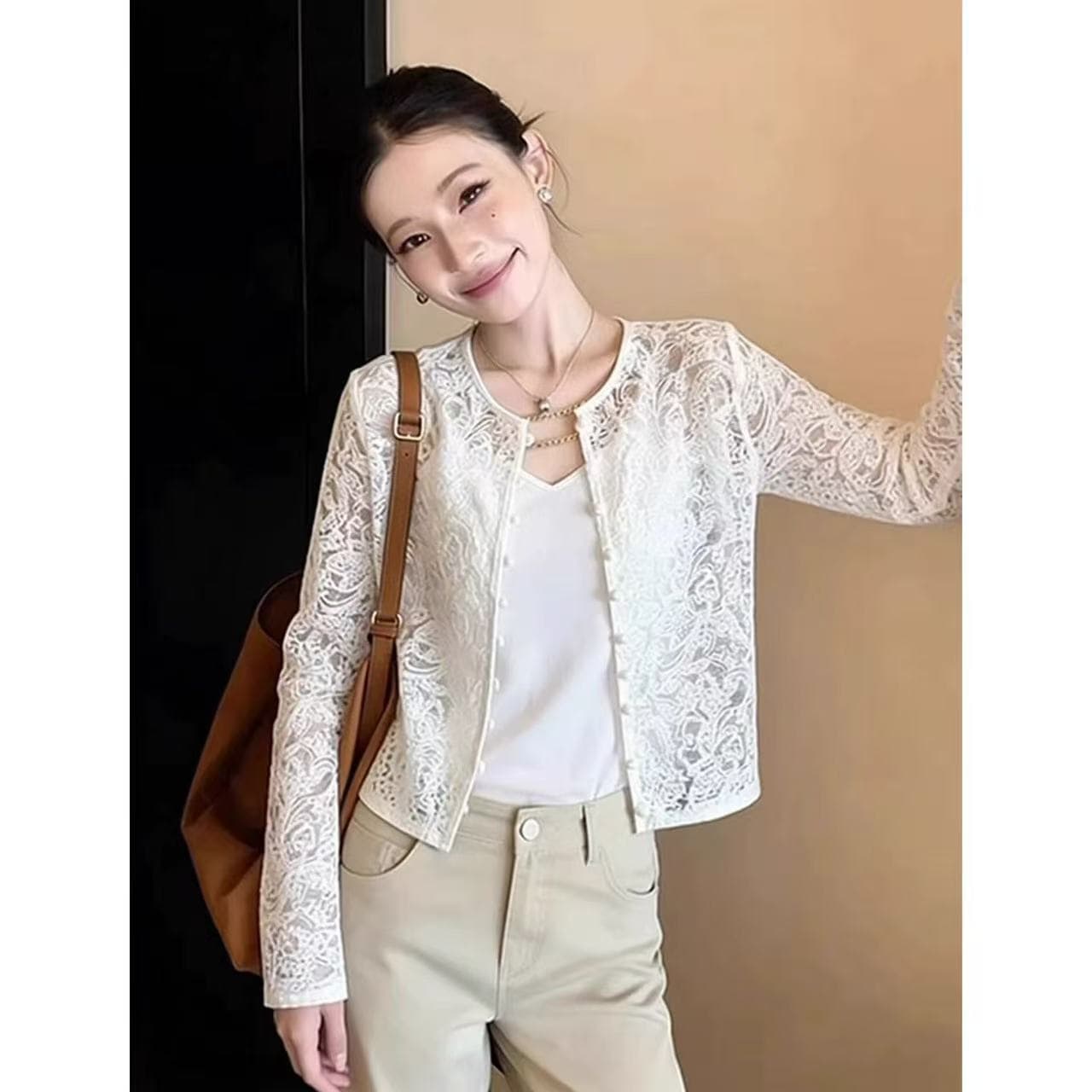 고유 한 슈퍼 잘 생긴 화이트 레이스 자외선 차단 짧은 여성 코트 봄 작은 키 고급 캐주얼 마이크로 ~을 통해 오픈 가디건 맨위 이미지 4