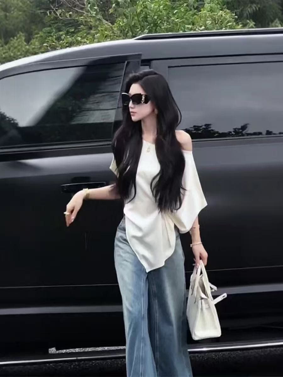 한국 스타일 품격 화이트 불규칙 반팔 티셔츠 여성 의류 2026 여름 새로운 핫걸 고급 센스 미니멀리즘 맨위 상세 이미지 2