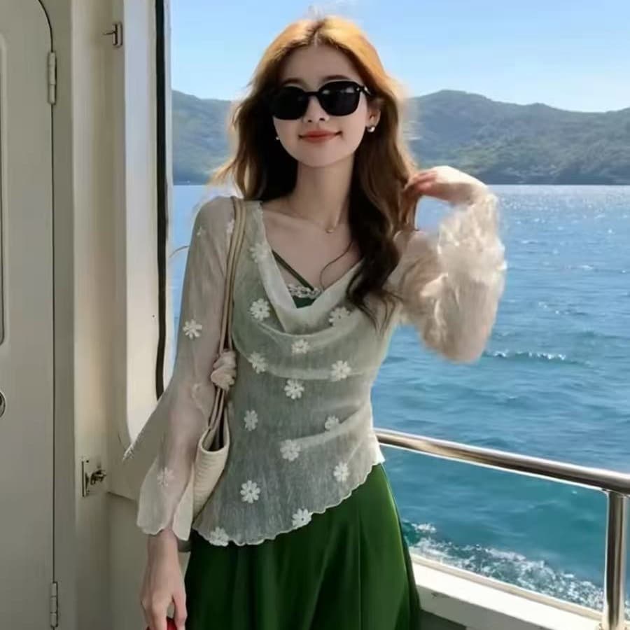 레이스 망사 꽃무늬 흔들다 칼라 자외선 차단 블라우스 여성 여름 불규칙 얇고 가벼운 마이크로 ~을 통해 외출용 긴팔 에어컨 맨위 이미지 5