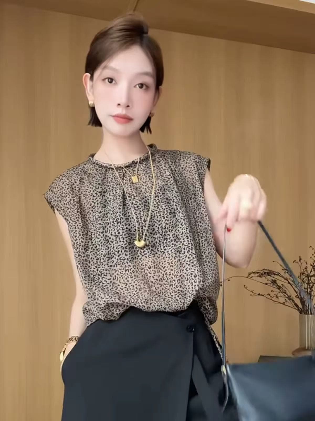 프랑스식 Chic 레오파드 무늬 반팔 시폰 셔츠 여성 여름 새로운 고유 한 외국 가스 루즈핏 슬림해 보이는 다용도 얇은 스타일 맨위 상세 이미지 3
