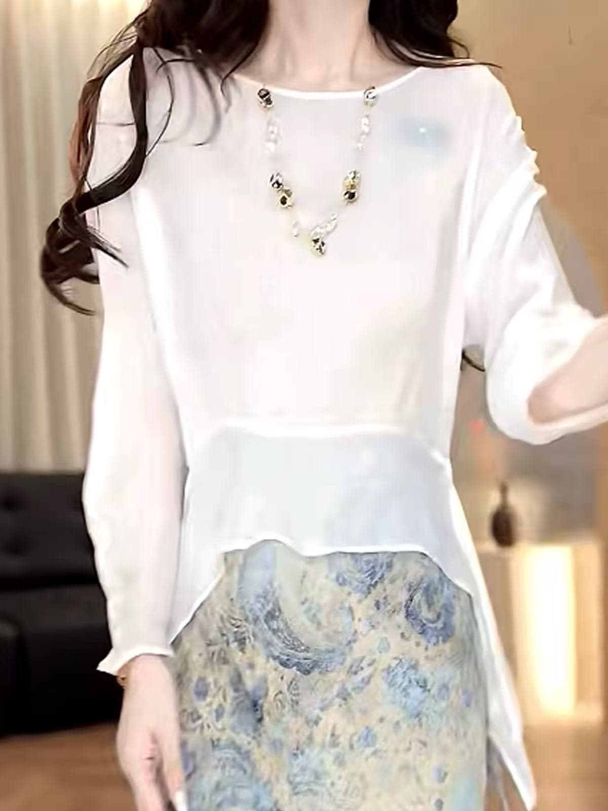 불규칙 품격 Tulle 긴팔 티셔츠 여성 여름 새로운 디자인 센스 허리 수축 슬림해 보이는 다용도 자외선 차단 블라우스 맨위 상세 이미지 1