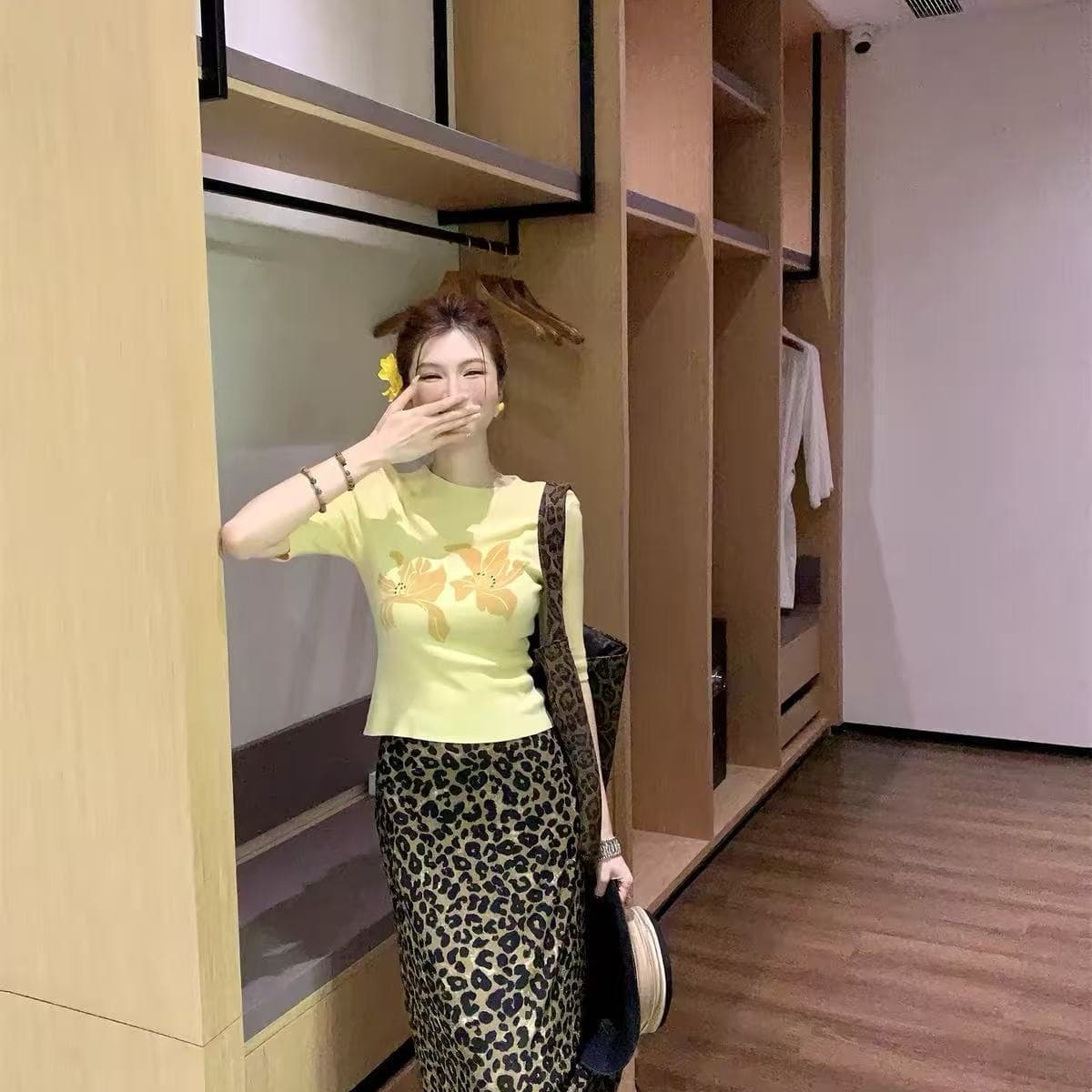 다우 시시 cheese 분위기 질감 봄 여름 한국 스타일 레트로 캐주얼 레오파드 무늬 패션 다용도 하이웨이스트 반신 스커트 여성 이미지 4