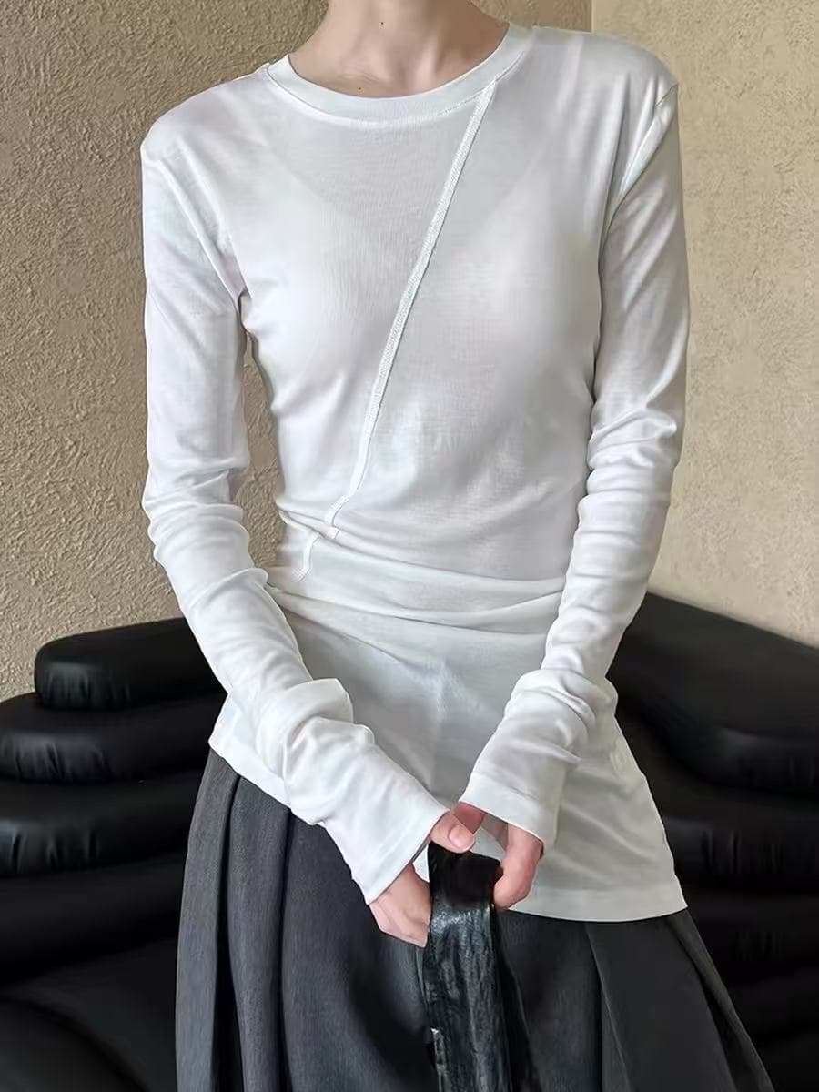 한 부서 캐주얼 미니멀리즘 긴팔 기본 셔츠 티셔츠 여성 가을 새로운 불규칙 라운드 넥 디자인 센스 몸매 가꾸기 맨위 이미지 2