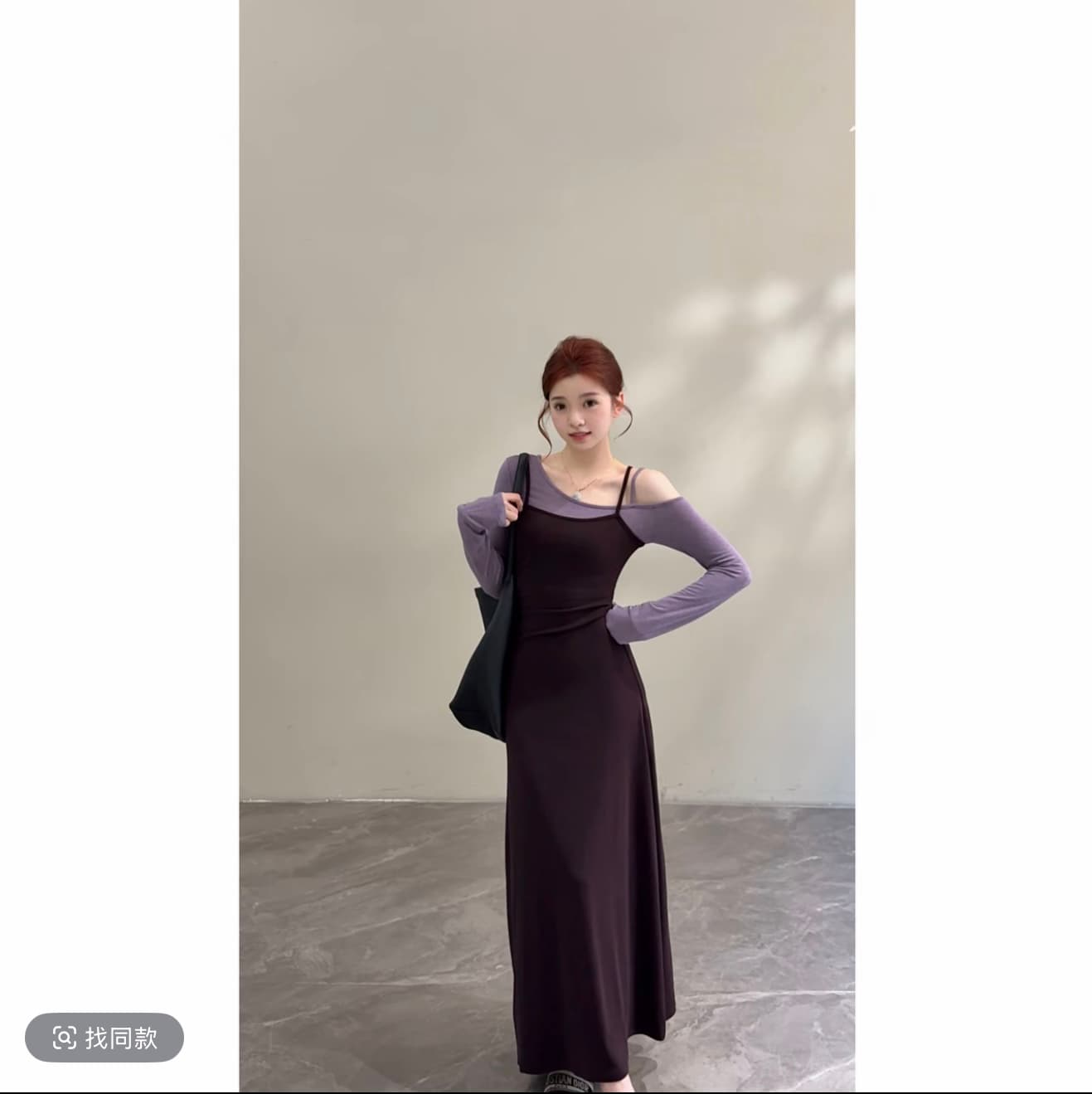 노래 송 이른 가을 새로운 작은 대중 배색 허리 수축 슬림해 보이는 품격 페이크 레이어드 긴팔 슬립 드레스 dt25 이미지 3