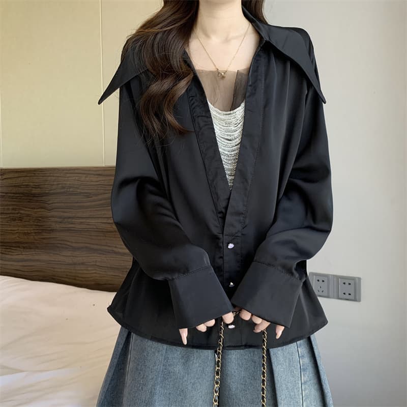 실사 빅 사이즈 지방 MM 프랑스식 레트로 V 칼라 패치워크 비즈 박기 셔츠 외국 가스 다용도 맨위 상세 이미지 19