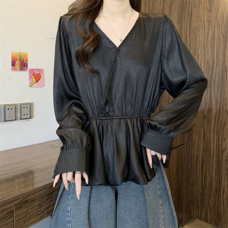 실사 빅 사이즈 지방 mm 프랑스식 레트로 V 넥 셔츠 고급 센스 Chic 허리 수축 맨위 상세 이미지 18